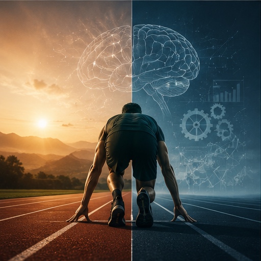 Sportif au départ d'une course, silhouette d'un cerveau connecté en surimpression